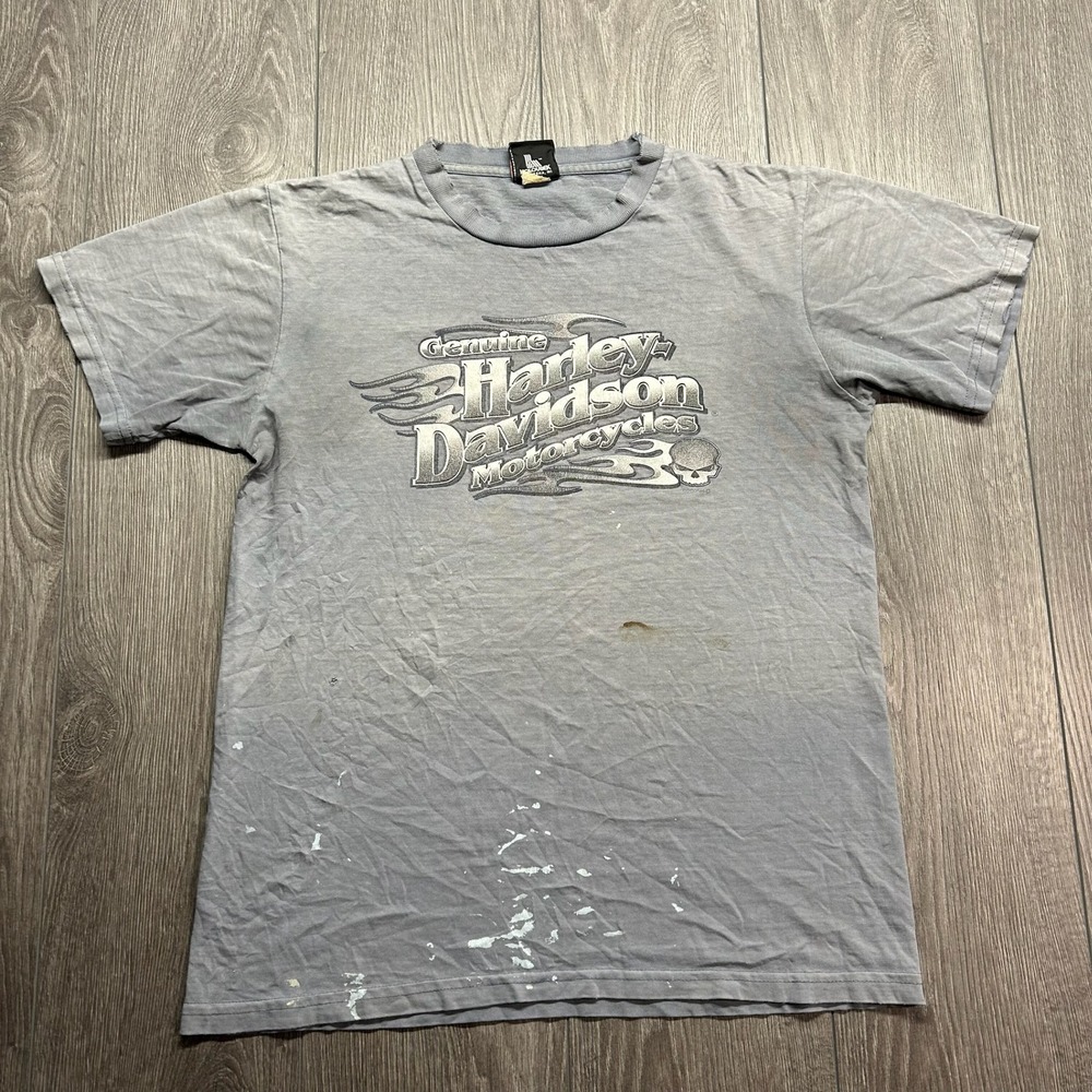 Vintage Harley Davidson Medium Mendon Ohio Eagle Skull Graphic T-Shirt Gray Mens